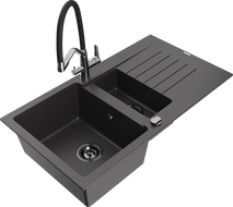 Mexen Matias granite sink 1.5-bowl with drainer and Duo kitchen faucet, black speckled - 6502-76-671701-07-B