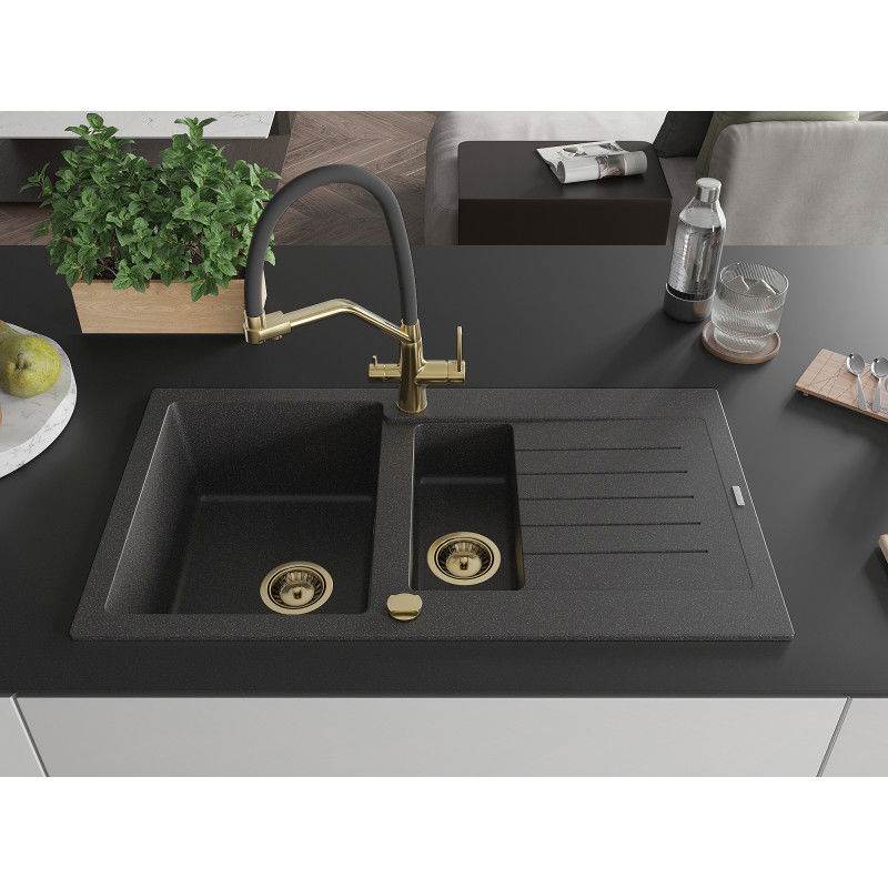 Mexen Matias granite sink 1.5-bowl with drainer and Duo kitchen tap, speckled black - 6502-76-671701-57-G