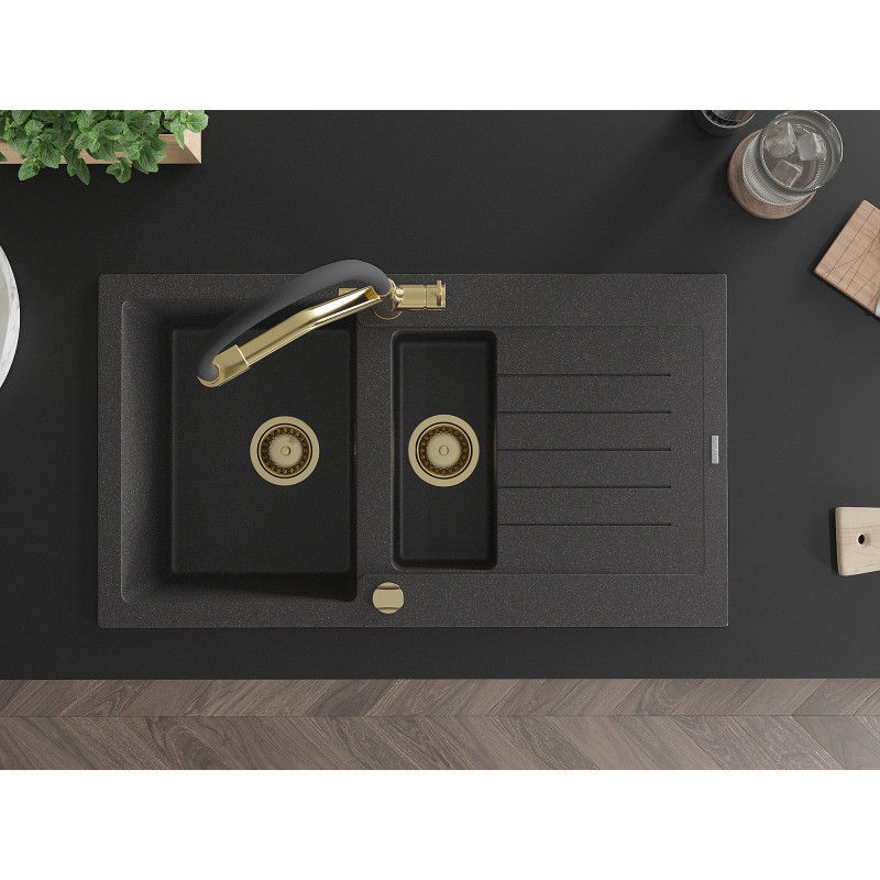 Mexen Matias granite sink 1.5-bowl with drainer and Duo kitchen tap, speckled black - 6502-76-671701-57-G