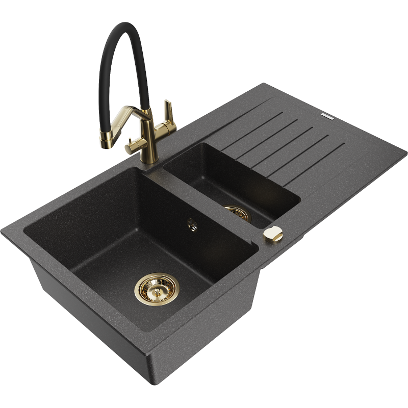 Mexen Matias 1.5-compartment granite sink with a drip tray and kitchen mixer tap Duo, Spotted black - 6502-76-671701-57-G