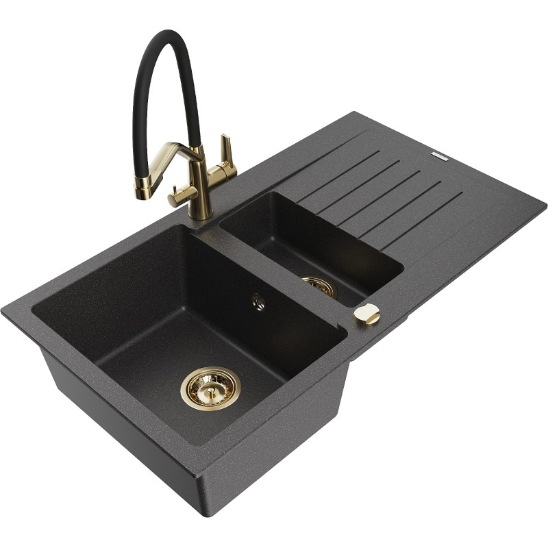 Mexen Matias granit sink 1.5-bowl with drainer and Duo kitchen faucet, speckled black - 6502-76-671701-57-G