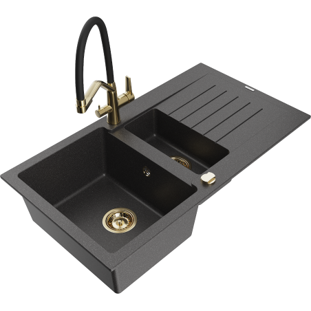 Mexen Matias 1.5-compartment granite sink with a drip tray and kitchen mixer tap Duo, Spotted black - 6502-76-671701-57-G