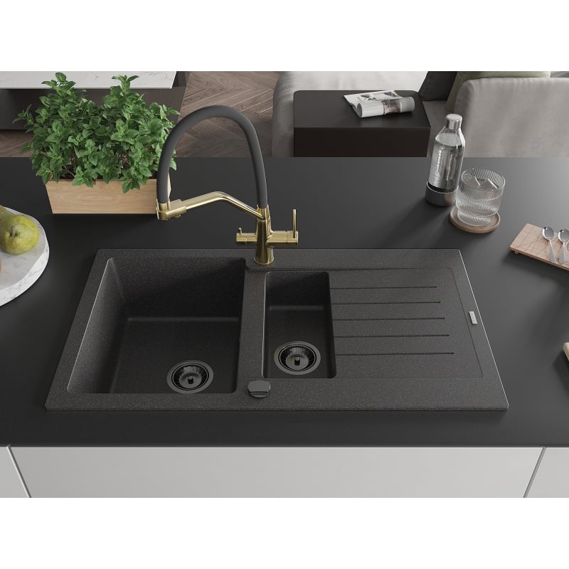 Mexen Matias granite sink 1.5-bowl with drainer and Duo kitchen faucet, black speckled - 6502-76-671701-57-B