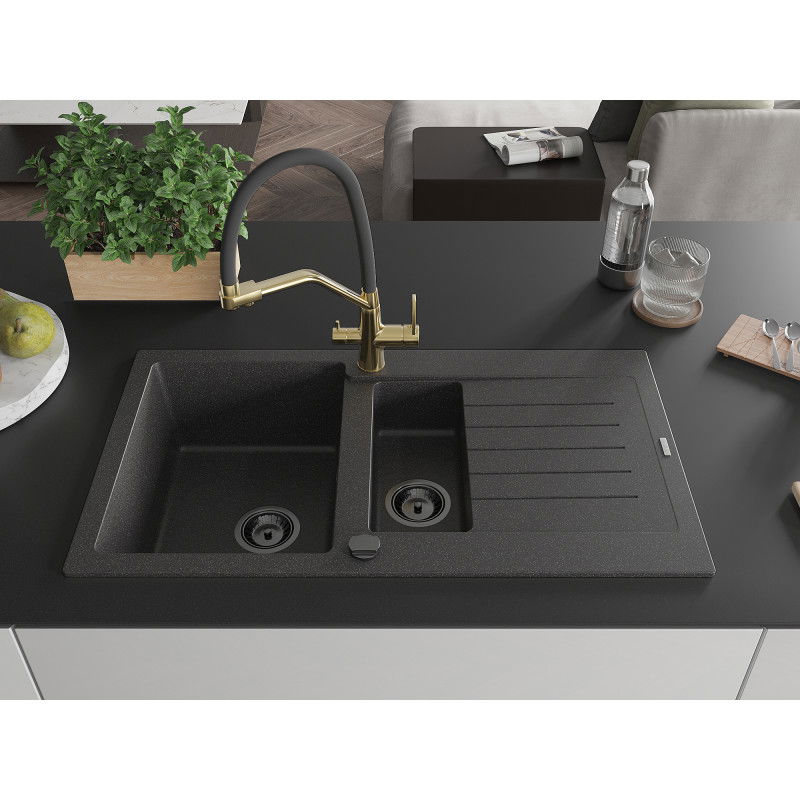 Mexen Matias granite sink 1.5-bowl with drainer and Duo kitchen tap, speckled black - 6502-76-671701-57-B