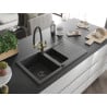 Mexen Matias granite sink 1.5-bowl with drainer and Duo kitchen faucet, black speckled - 6502-76-671701-57-B