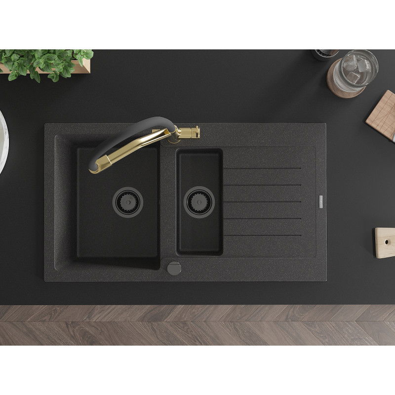 Mexen Matias granite sink 1.5-bowl with drainer and Duo kitchen tap, speckled black - 6502-76-671701-57-B