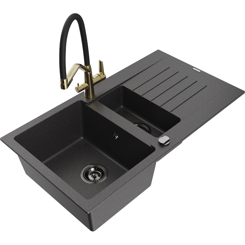 Mexen Matias 1.5-compartment granite sink with a drip tray and kitchen mixer tap Duo, Spotted black - 6502-76-671701-57-B