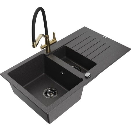 Mexen Matias granite sink 1.5-bowl with drainer and Duo kitchen faucet, black speckled - 6502-76-671701-57-B