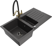 Mexen Matias granite sink 1.5-bowl with drainer and Duo kitchen faucet, black speckled - 6502-76-671701-57-B