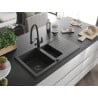 Mexen Matias granite sink 1.5-bowl with a drainer and Duo kitchen tap, black speckled - 6502-76-671701-70-B