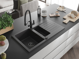 Mexen Matias granite sink 1.5-bowl with drainer and Duo kitchen faucet, black speckled - 6502-76-671701-70-B