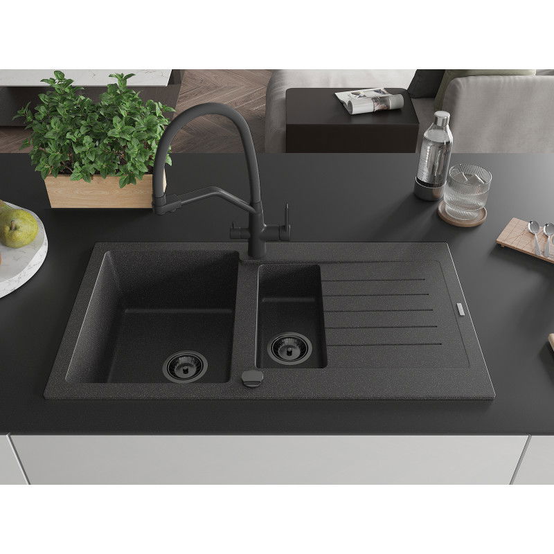 Mexen Matias granite sink 1.5-bowl with a drainer and Duo kitchen tap, black speckled - 6502-76-671701-70-B