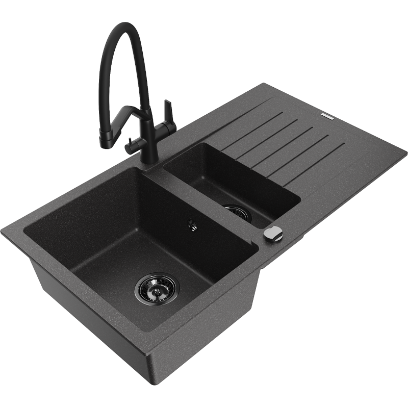 Mexen Matias 1.5-compartment granite sink with a drip tray and kitchen mixer tap Duo, Spotted black - 6502-76-671701-70-B