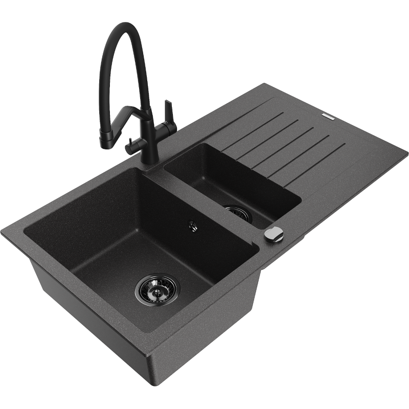 Mexen Matias granite sink 1.5-bowl with a drainer and Duo kitchen tap, black speckled - 6502-76-671701-70-B