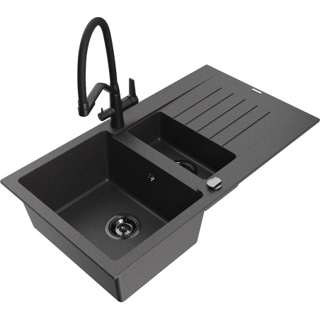Mexen Matias granite sink 1.5-bowl with a drainer and Duo kitchen tap, black speckled - 6502-76-671701-70-B