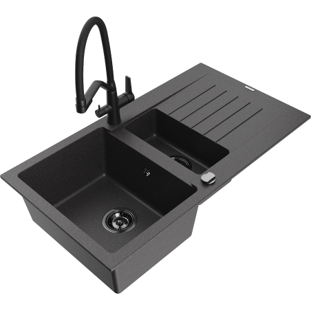 Mexen Matias granite sink 1.5-bowl with drainer and Duo kitchen faucet, black speckled - 6502-76-671701-70-B