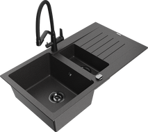 Mexen Matias granite sink 1.5-bowl with drainer and Duo kitchen faucet, black speckled - 6502-76-671701-70-B