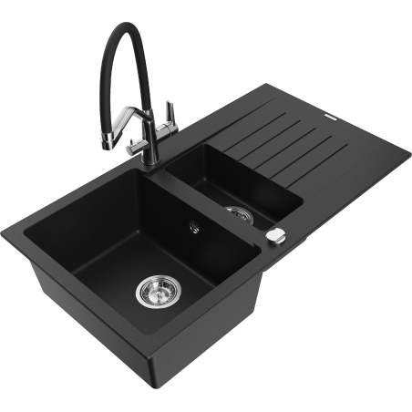 Mexen Matias 1.5-compartment granite sink with a drip tray and kitchen mixer tap Duo, Black - 6502-77-671701-07