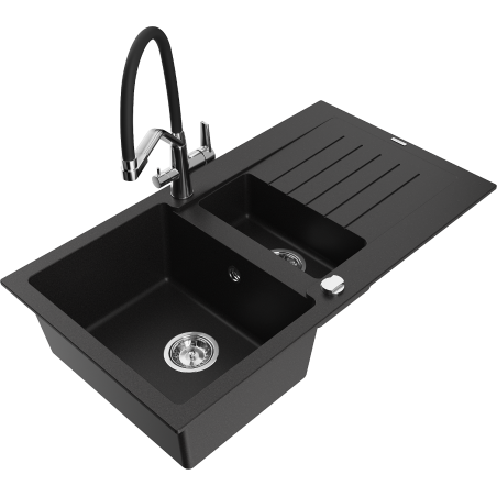 Mexen Matias granite sink 1.5-bowl with drainer and Duo kitchen faucet, black - 6502-77-671701-07