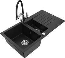 Mexen Matias 1.5-compartment granite sink with a drip tray and kitchen mixer tap Duo, Black - 6502-77-671701-07