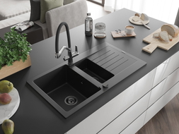 Mexen Matias 1.5-Bowl Granite Sink with Drainer and Duo Kitchen Faucet, Black - 6502-77-671701-07-B
