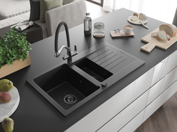 Mexen Matias 1.5-compartment granite sink with a drip tray and kitchen mixer tap Duo, Black - 6502-77-671701-07-B
