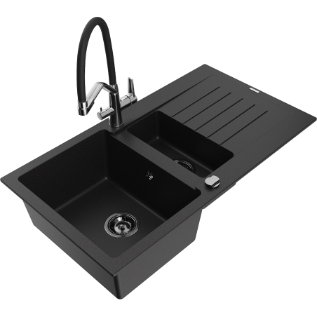 Mexen Matias granite sink 1.5-bowl with drainer and Duo kitchen faucet, black - 6502-77-671701-07-B
