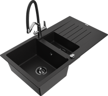 Mexen Matias 1.5-compartment granite sink with a drip tray and kitchen mixer tap Duo, Black - 6502-77-671701-07-B