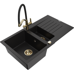 Mexen Matias 1.5-compartment granite sink with a drip tray and kitchen mixer tap Duo, Black - 6502-77-671701-57-G