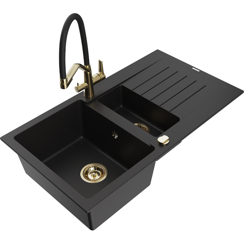 Mexen Matias 1.5-compartment granite sink with a drip tray and kitchen mixer tap Duo, Black - 6502-77-671701-57-G