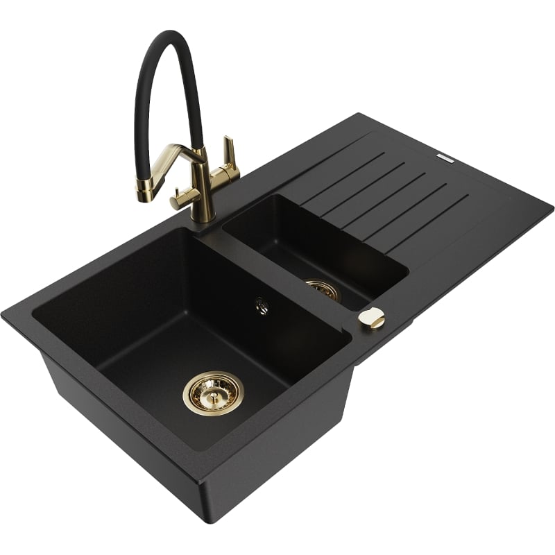 Mexen Matias granite sink 1.5-bowl with drainer and Duo kitchen faucet, black - 6502-77-671701-57-G