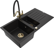 Mexen Matias 1.5-compartment granite sink with a drip tray and kitchen mixer tap Duo, Black - 6502-77-671701-57-G
