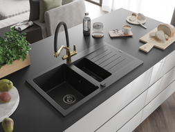 Mexen Matias 1.5-bowl granite sink with drainer and Duo kitchen faucet, black - 6502-77-671701-57-B