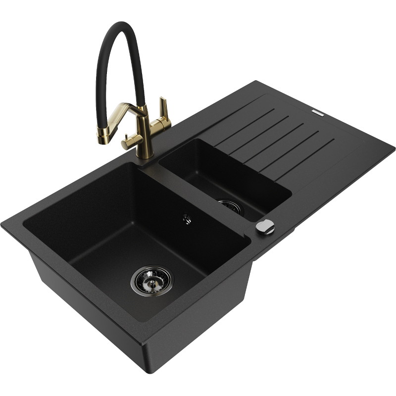 Mexen Matias 1.5-bowl granite sink with drainer and Duo kitchen faucet, black - 6502-77-671701-57-B