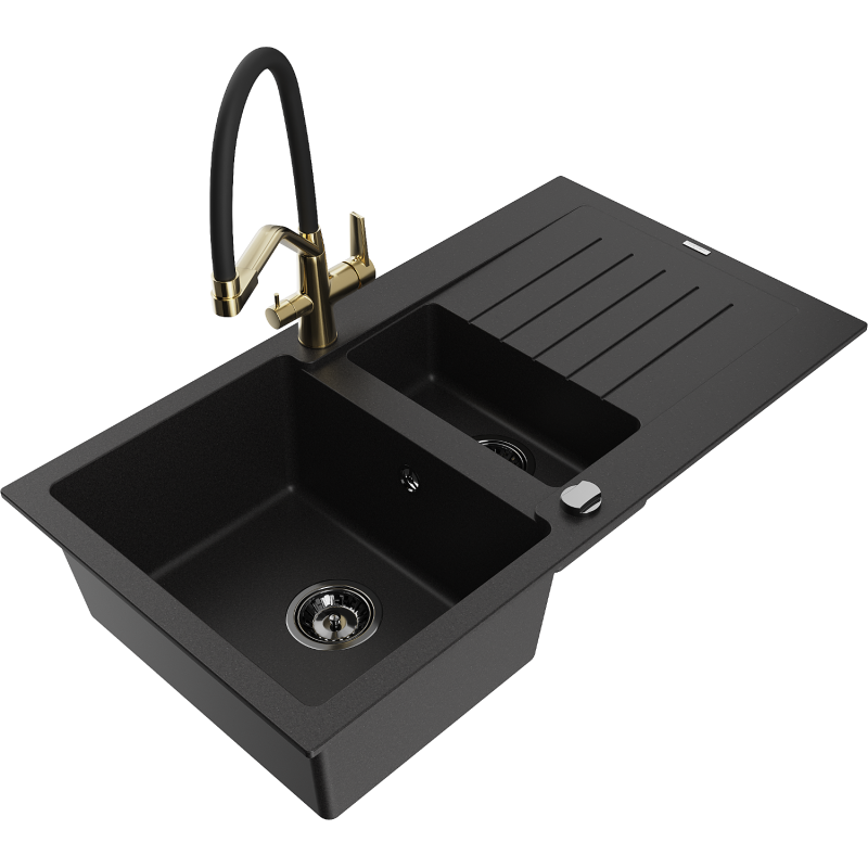 Mexen Matias 1.5-compartment granite sink with a drip tray and kitchen mixer tap Duo, Black - 6502-77-671701-57-B