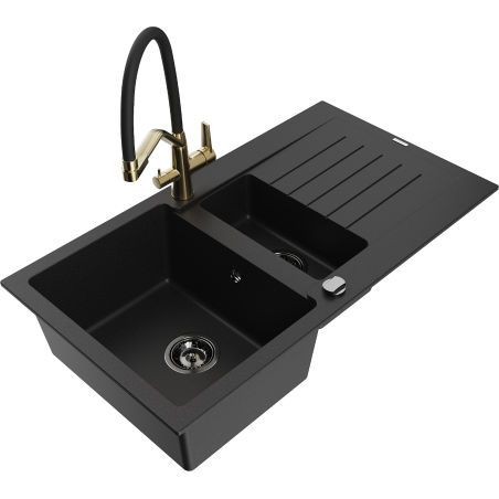 Mexen Matias granite sink 1.5-bowl with drainer and Duo kitchen tap, black - 6502-77-671701-57-B