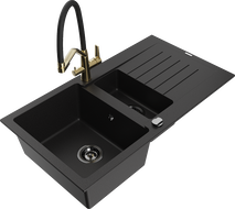 Mexen Matias 1.5-compartment granite sink with a drip tray and kitchen mixer tap Duo, Black - 6502-77-671701-57-B