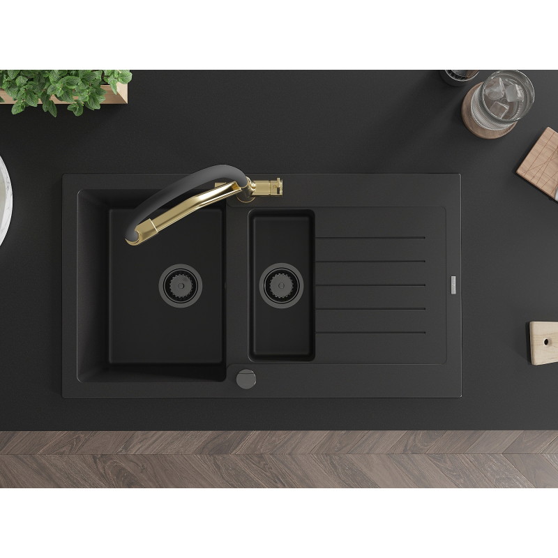 Mexen Matias granite sink 1.5-bowl with drainer and Duo kitchen faucet, black - 6502-77-671701-57-B