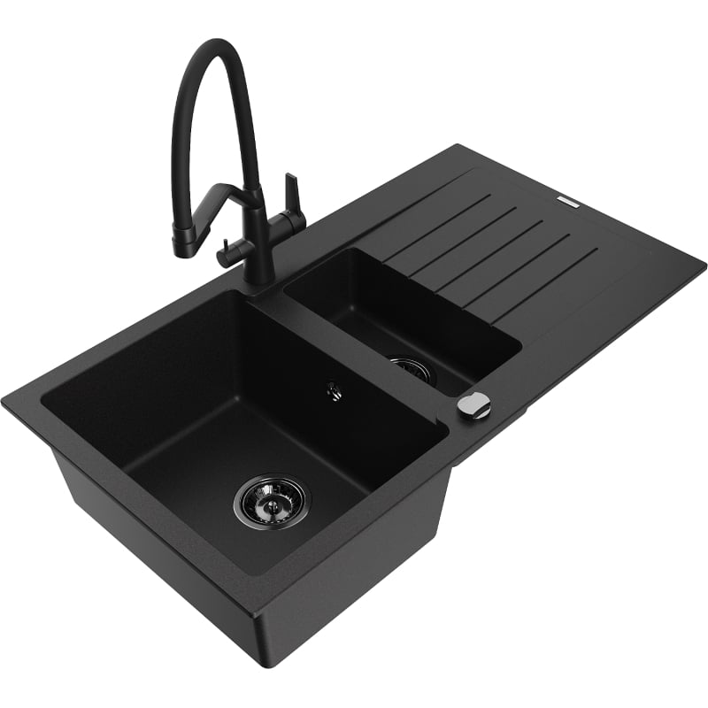Mexen Matias granite sink 1.5-bowl with drainer and Duo kitchen faucet, black - 6502-77-671701-70-B