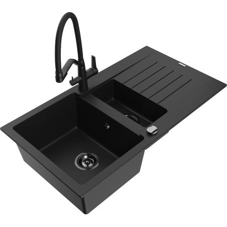 Mexen Matias 1.5-bowl granite kitchen sink with drainer and Duo tap, black - 6502-77-671701-70-B