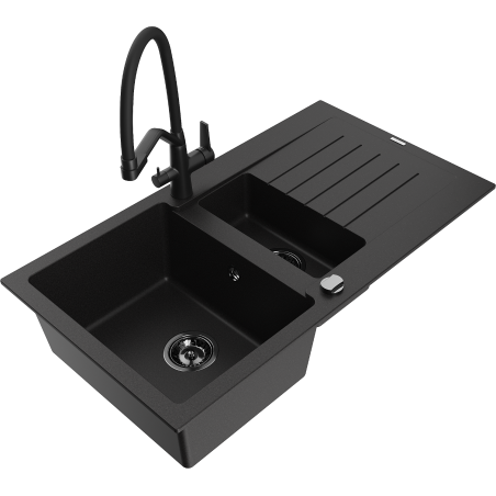 Mexen Matias granite sink 1.5-bowl with drainer and Duo kitchen faucet, black - 6502-77-671701-70-B