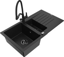 Mexen Matias granite sink 1.5-bowl with drainer and Duo kitchen faucet, black - 6502-77-671701-70-B