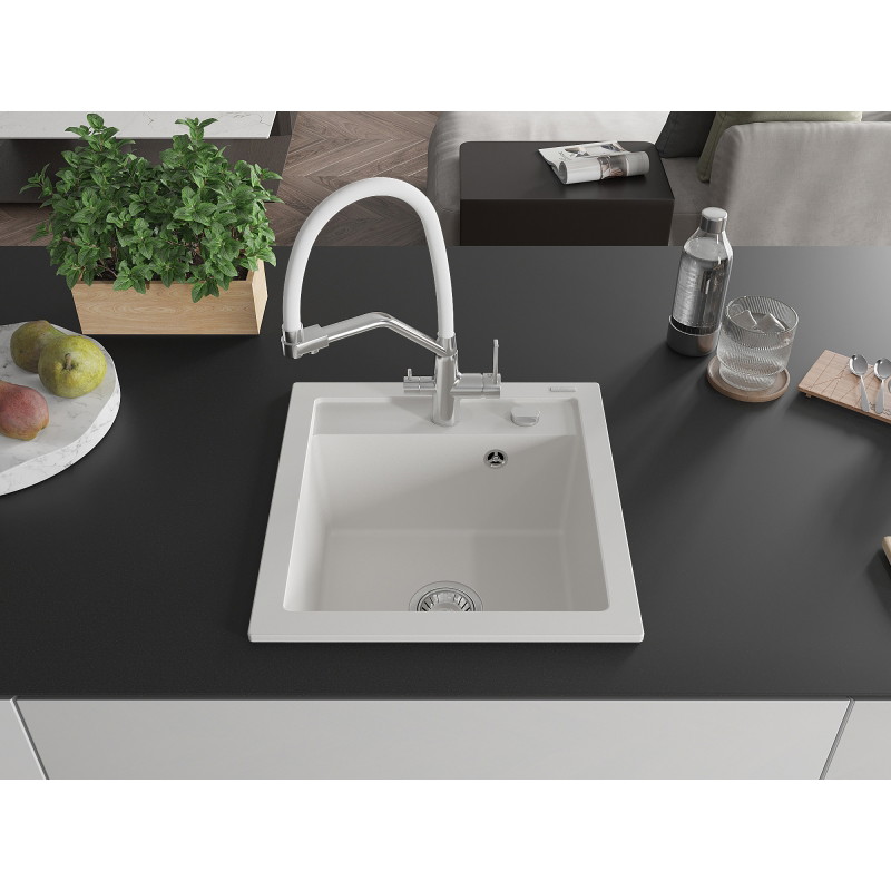Mexen Vito granite kitchen sink 1-bowl with Duo kitchen faucet, white - 6503-20-671701-02