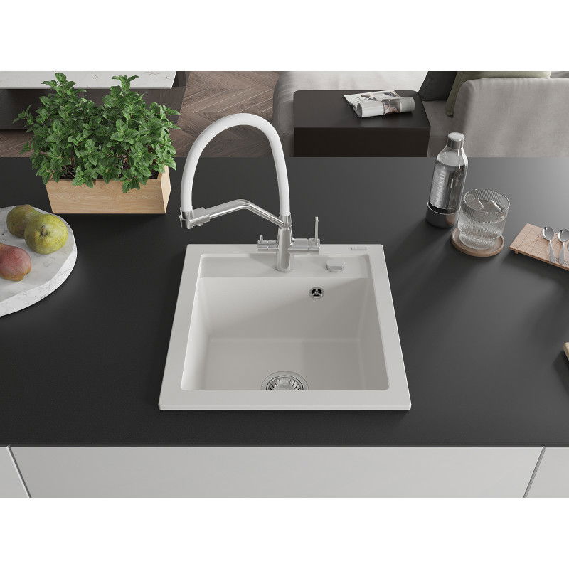 Mexen Vito granite sink 1-bowl with Duo kitchen tap, white - 6503-20-671701-02