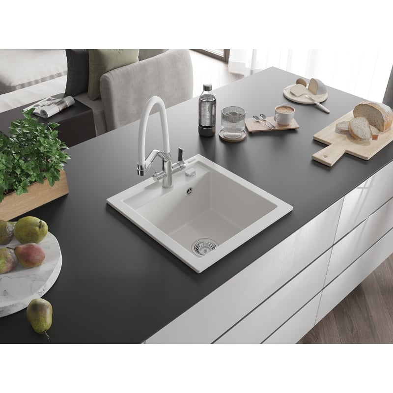 Mexen Vito 1-bowl granite kitchen sink with Duo faucet, white - 6503-20-671701-02