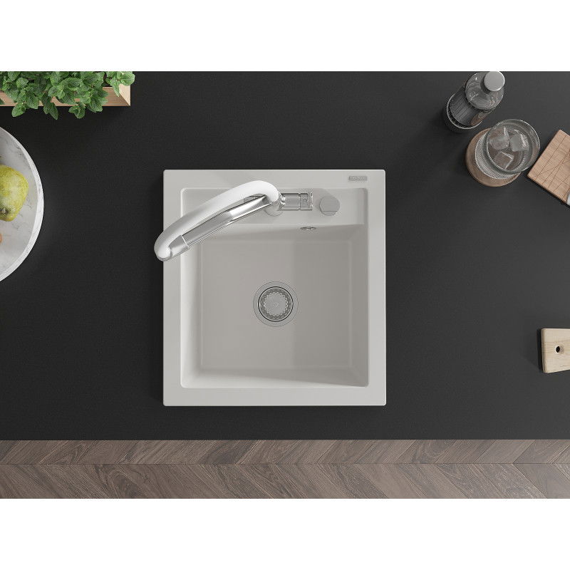 Mexen Vito granite sink 1-bowl with Duo kitchen tap, white - 6503-20-671701-02