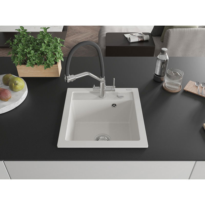 Mexen Vito granite sink 1-bowl with Duo kitchen tap, white - 6503-20-671701-07