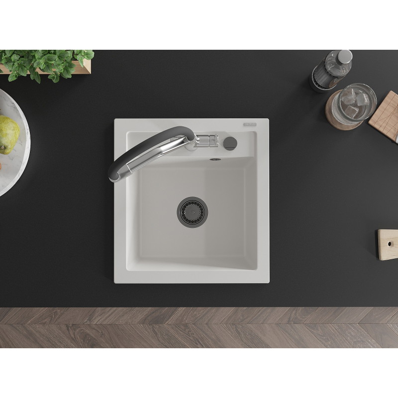 Mexen Vito 1-bowl granite sink with Duo kitchen faucet, white - 6503-20-671701-07-B