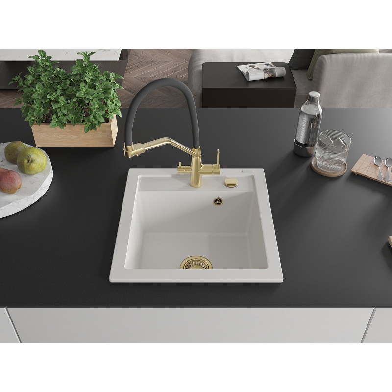 Mexen Vito granite kitchen sink 1-bowl with Duo kitchen faucet, white - 6503-20-671701-57-G