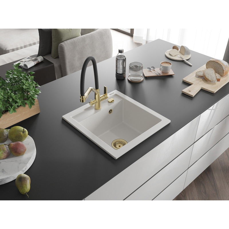 Mexen Vito granite kitchen sink 1-bowl with Duo kitchen faucet, white - 6503-20-671701-57-G